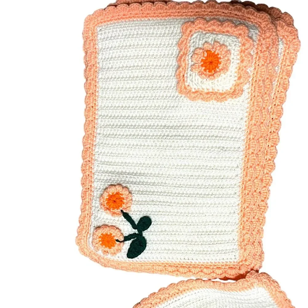 Placemats Crochet Set Of 6 Vintage Orange White Retro 18 X 12 Country Kitsch